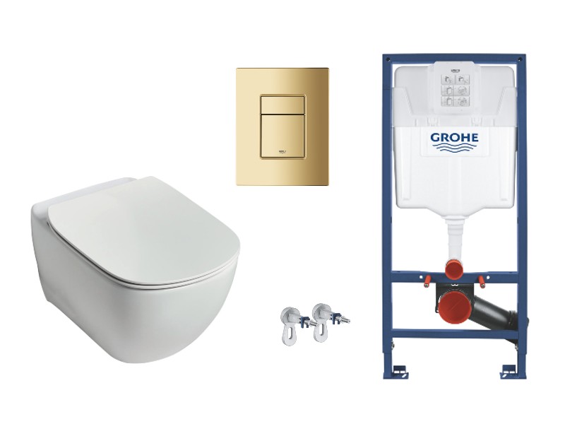 Ideal Standard Set wc ideal standard tesi, suspendat, cadru/clapeta grohe, rimless, softclose, lucios, alb/auriu, t354601-5st