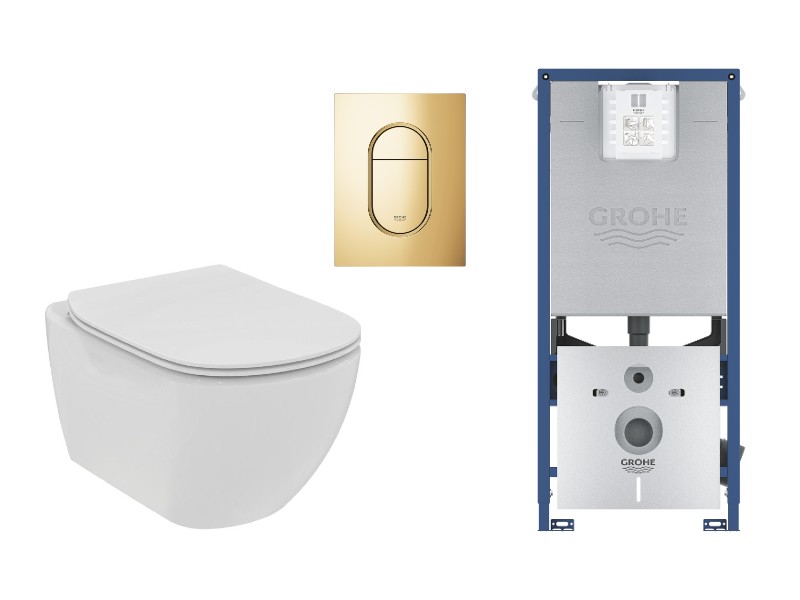 Ideal Standard Set wc ideal standard tesi, suspendat, cadru/clapeta grohe, rimless, softclose, lucios, alb/auriu, t536001-8st