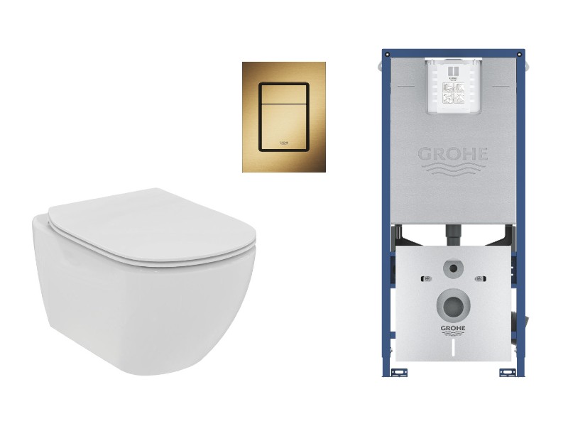 Ideal Standard Set wc ideal standard tesi, suspendat, cadru/clapeta grohe, rimless, softclose, mat, alb/auriu, t536001-9st