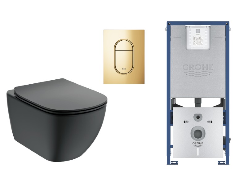 Ideal Standard Set wc ideal standard tesi, suspendat, cadru/clapeta grohe, rimless, softclose, lucios, negru/auriu, t3546v3-5st