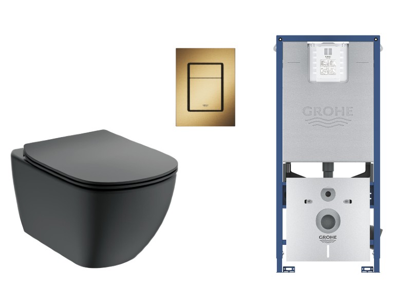Ideal Standard Set wc ideal standard tesi, suspendat, cadru/clapeta grohe, rimless, softclose, mat, negru/auriu, t3546v3-6st