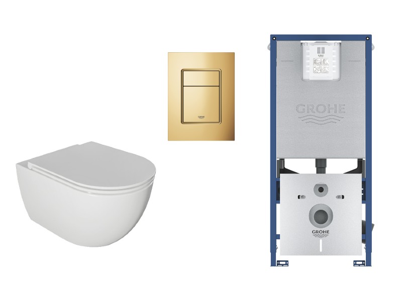 Kielle  Set wc kielle oudee, suspendat, cadru si clapeta grohe, rimless, softclose, lucios, alb/auriu, 30102001-5st