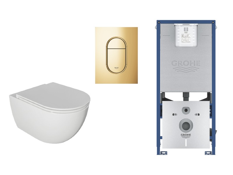 Kielle  Set wc kielle oudee, suspendat, cadru si clapeta grohe, rimless, softclose, lucios, alb/auriu, 30102001-8st