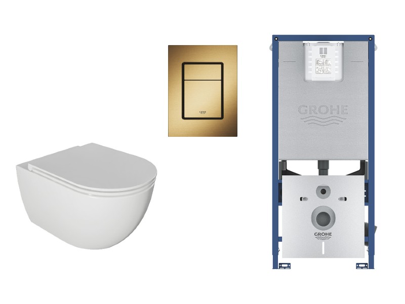 Kielle  Set wc kielle oudee, suspendat, cadru si clapeta grohe, rimless, softclose, mat, alb/auriu, 30102001-9st