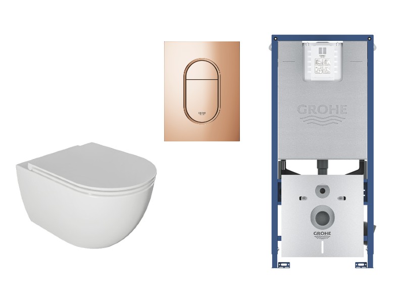 Kielle  Set wc kielle oudee, suspendat, cadru si clapeta grohe, rimless, softclose, lucios, alb/cupru, 30102001-14st