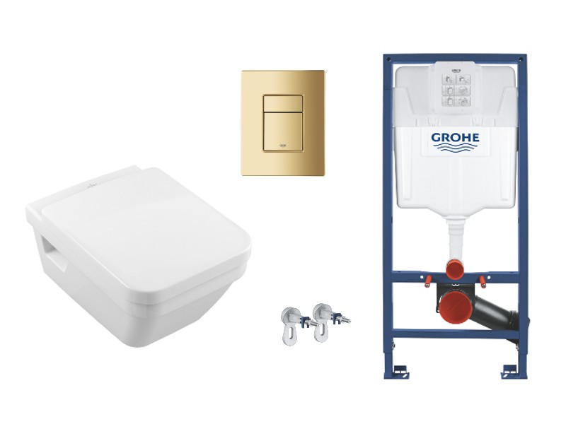 Villeroy and Boch Set wc villeroy & boch architectura, suspendat, cadru/clapeta grohe, rimless, softclose, lucios, alb/auriu,