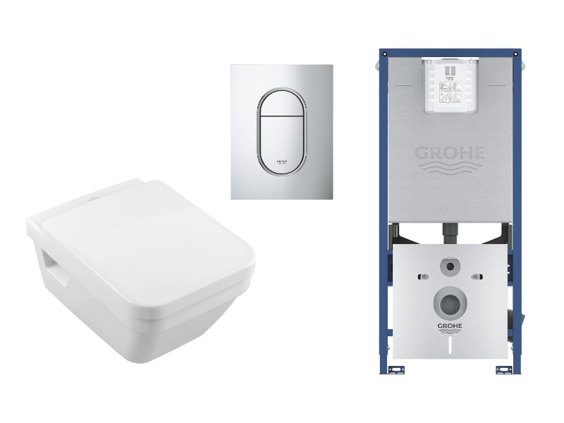 Villeroy and Boch Set wc villeroy & boch architectura, suspendat, cadru/clapeta grohe, rimless, softclose, lucios, alb/crom,