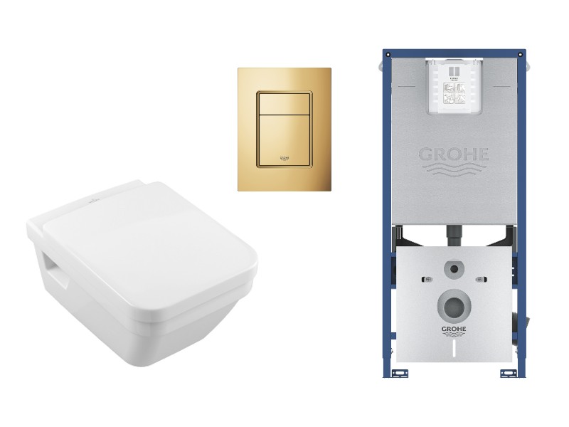 Villeroy and Boch Set wc villeroy & boch architectura, suspendat, cadru/clapeta grohe, rimless, softclose, lucios, alb/auriu,
