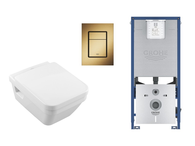 Villeroy and Boch Set wc villeroy & boch architectura, suspendat, cadru/clapeta grohe, rimless, softclose, mat, alb/auriu,