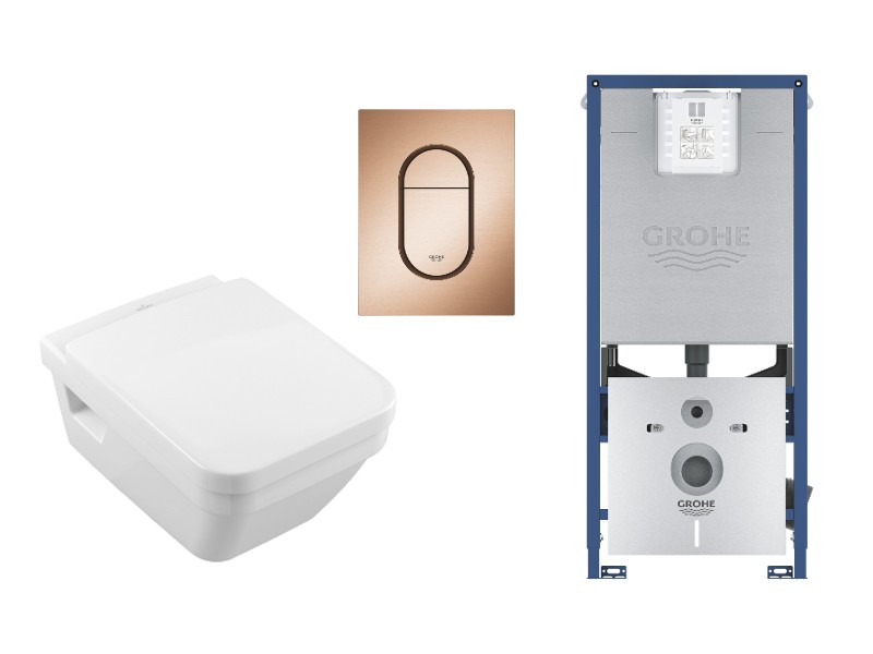 Villeroy and Boch Set wc villeroy & boch architectura, suspendat, cadru/clapeta grohe, rimless, softclose, mat, alb/cupru,