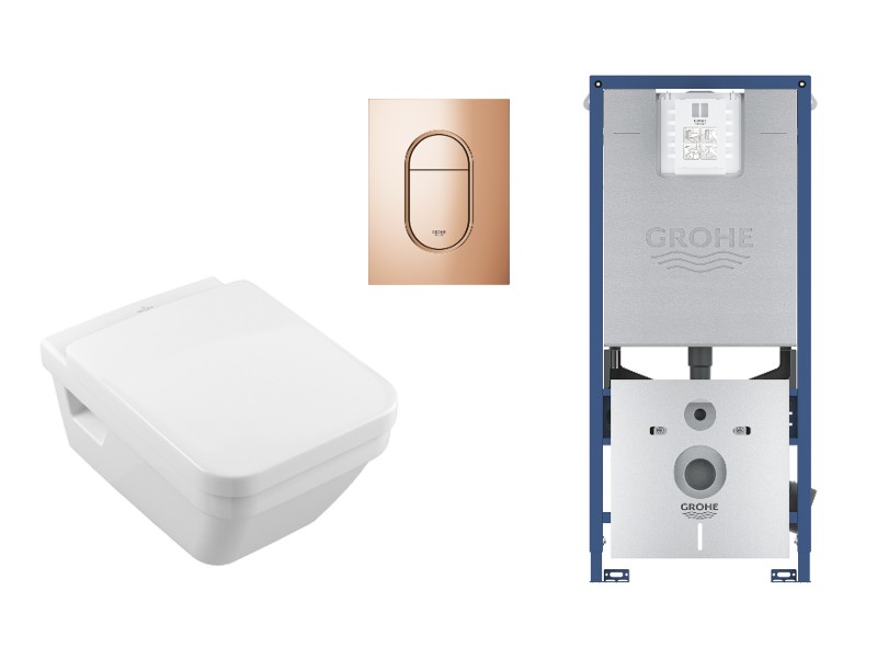 Villeroy and Boch Set wc villeroy & boch architectura, suspendat, cadru/clapeta grohe, rimless, softclose, lucios, alb/cupru,