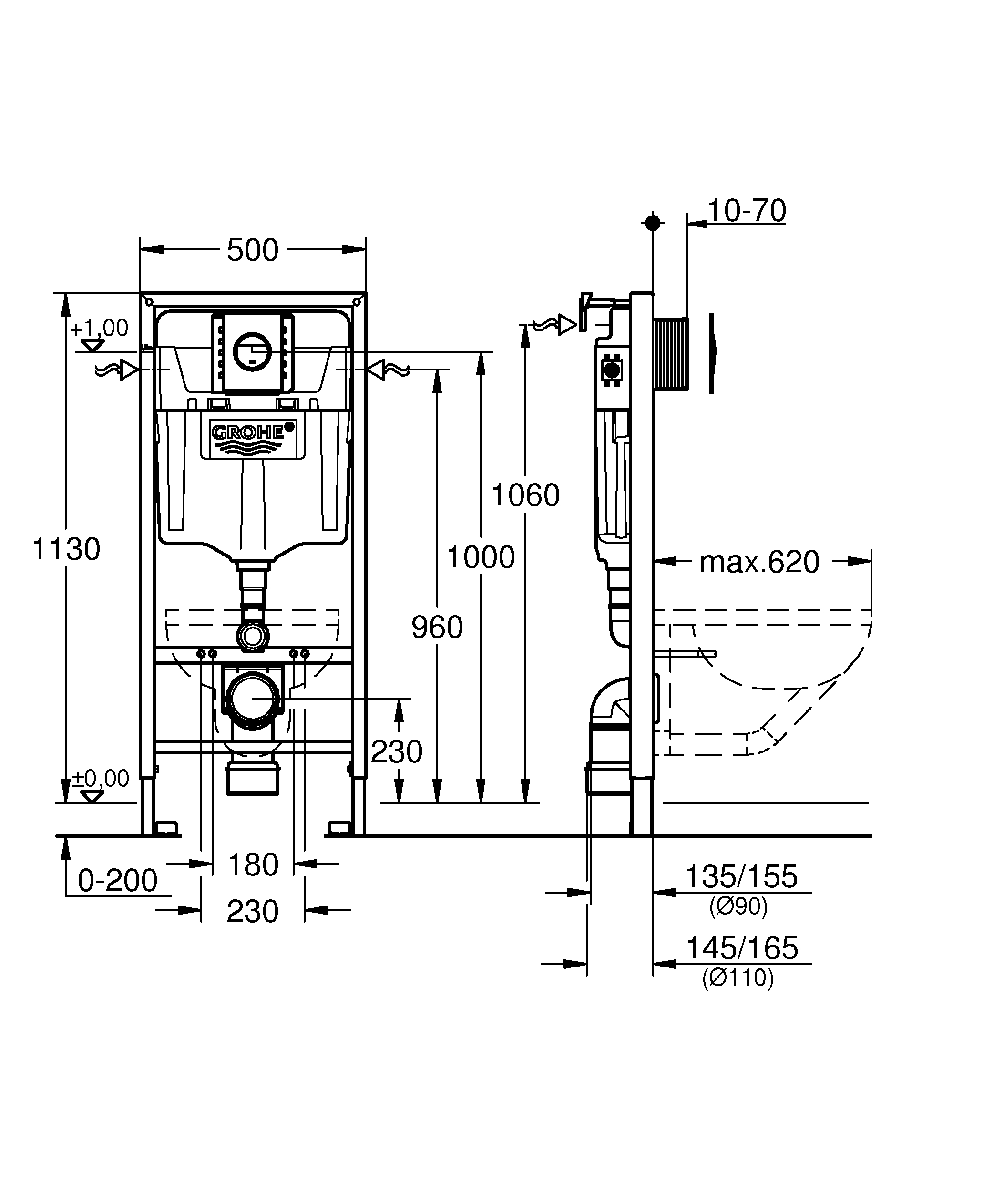 Set 3 in 1 rezervor WC Grohe 39581000, 1130 mm, 500 mm, 2 moduri spalare, incastrat, uscata, verticala, suport