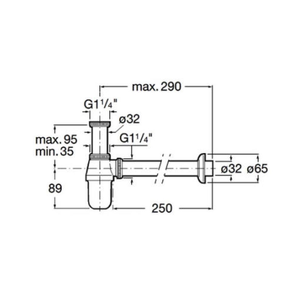 Sifon lavoar Roca A506401614, 255 mm, 215 mm, 1 1/4 conexiune lavoar, 35 diametru, 32 mm conexiune perete, Crom