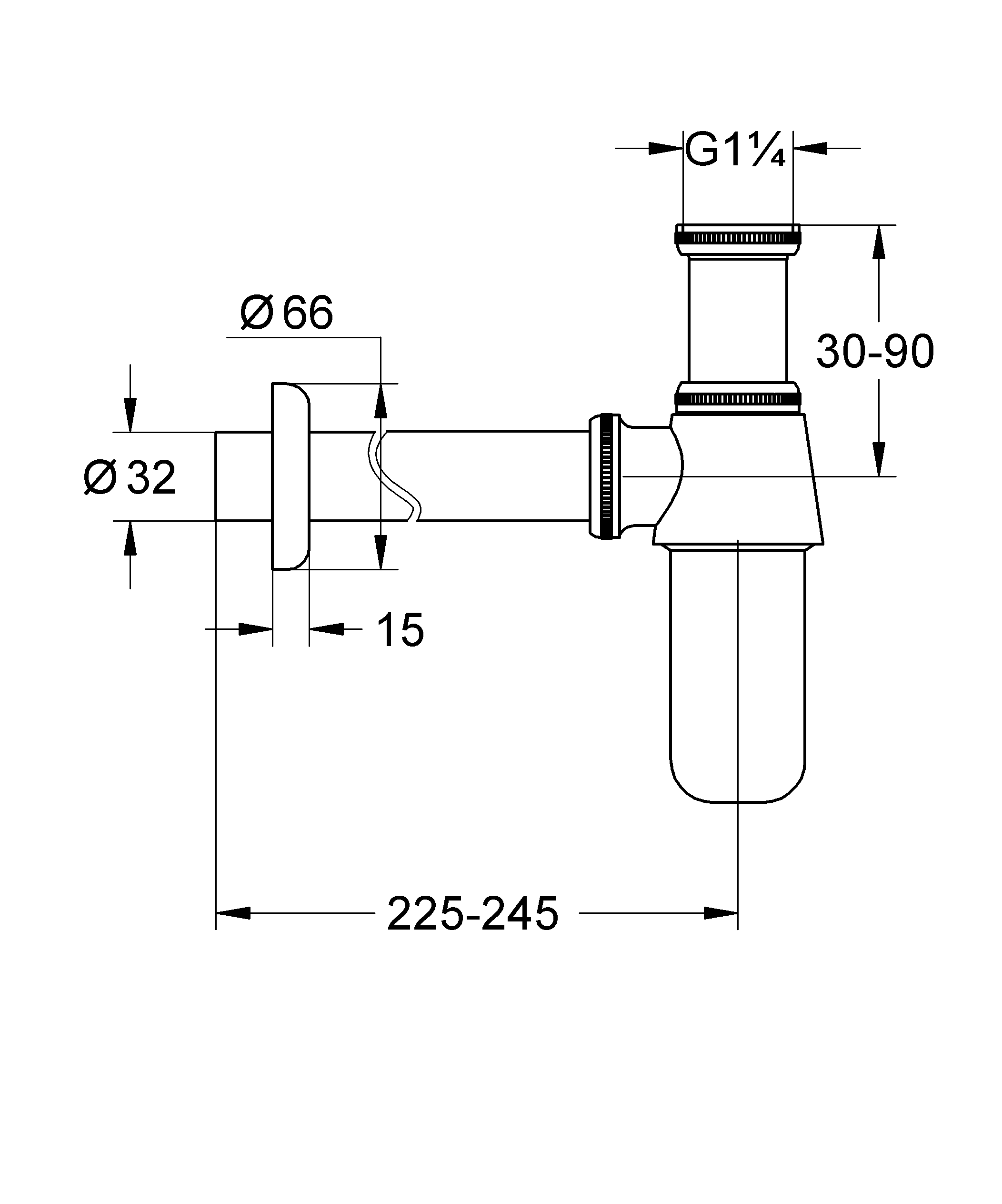 Sifon lavoar Grohe 28920000, 245 mm, 66 mm, 1 1/4 conexiune lavoar, 32 diametru, 32 mm conexiune perete, Crom
