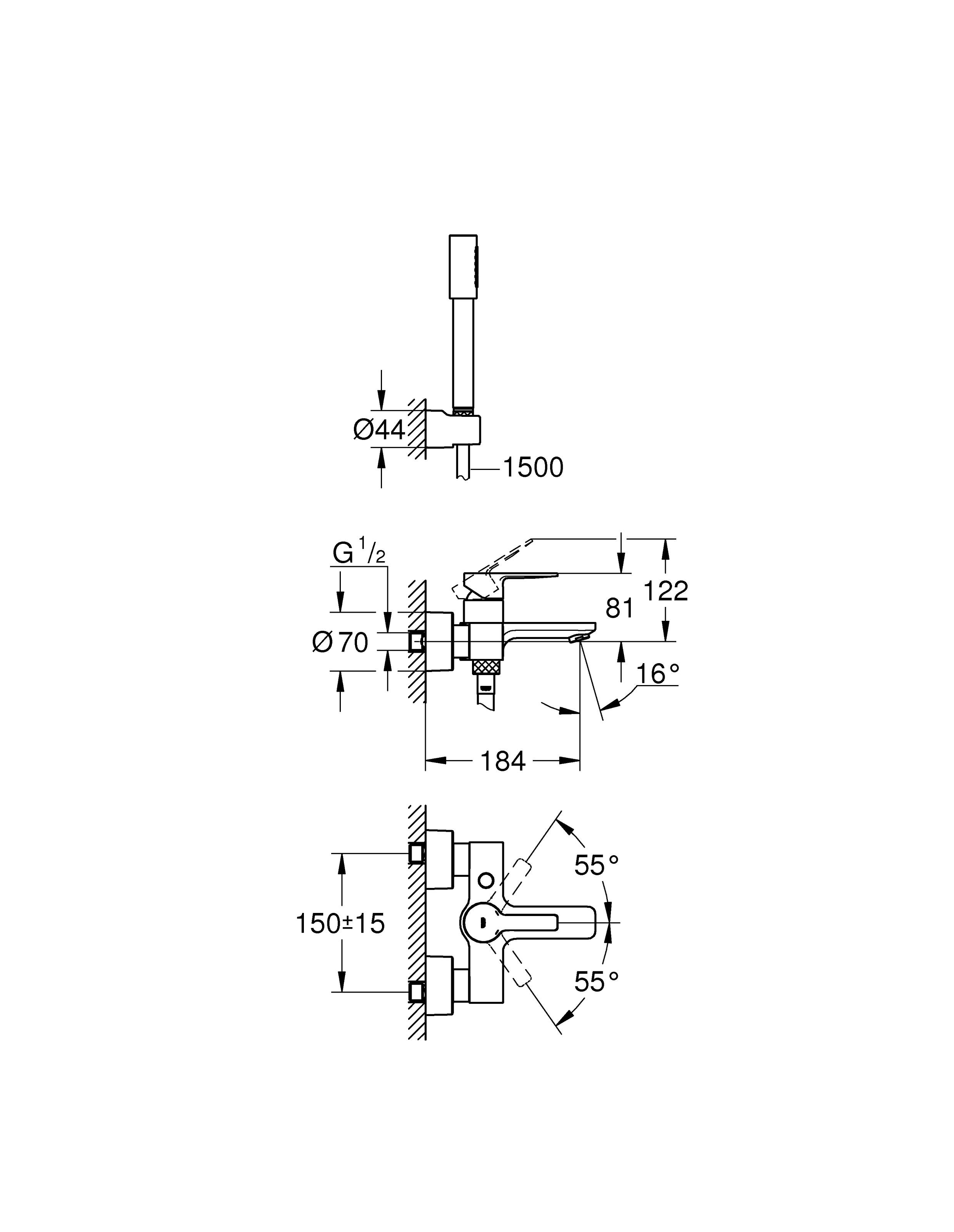 Set de cada Grohe 33850001, 1 bar, 66 mm, 1.25 m, 244 mm, 184 mm, 2 orificii instalare, 1 functii para dus, Crom