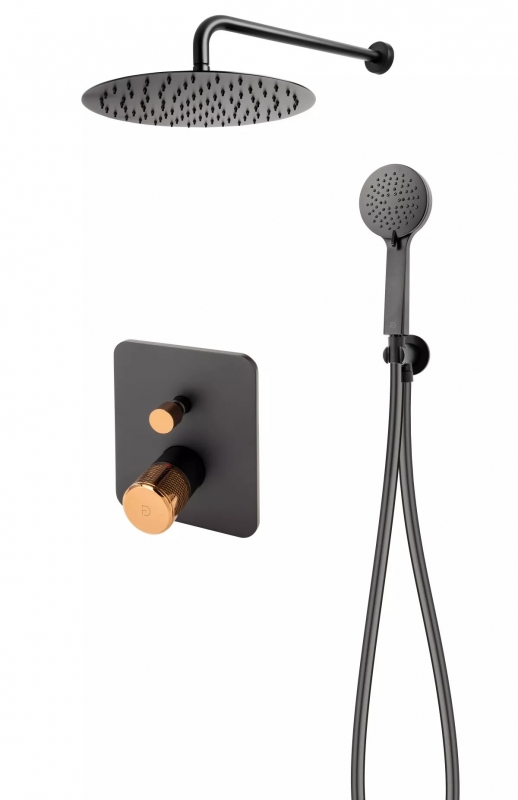 FDesign Sistem de dus fdesign ardesia fd1-ard-7pset1-25, 1/2'', incastrat, 300 mm, monocomanda, 1 pulverizare, mat, negru / cupru