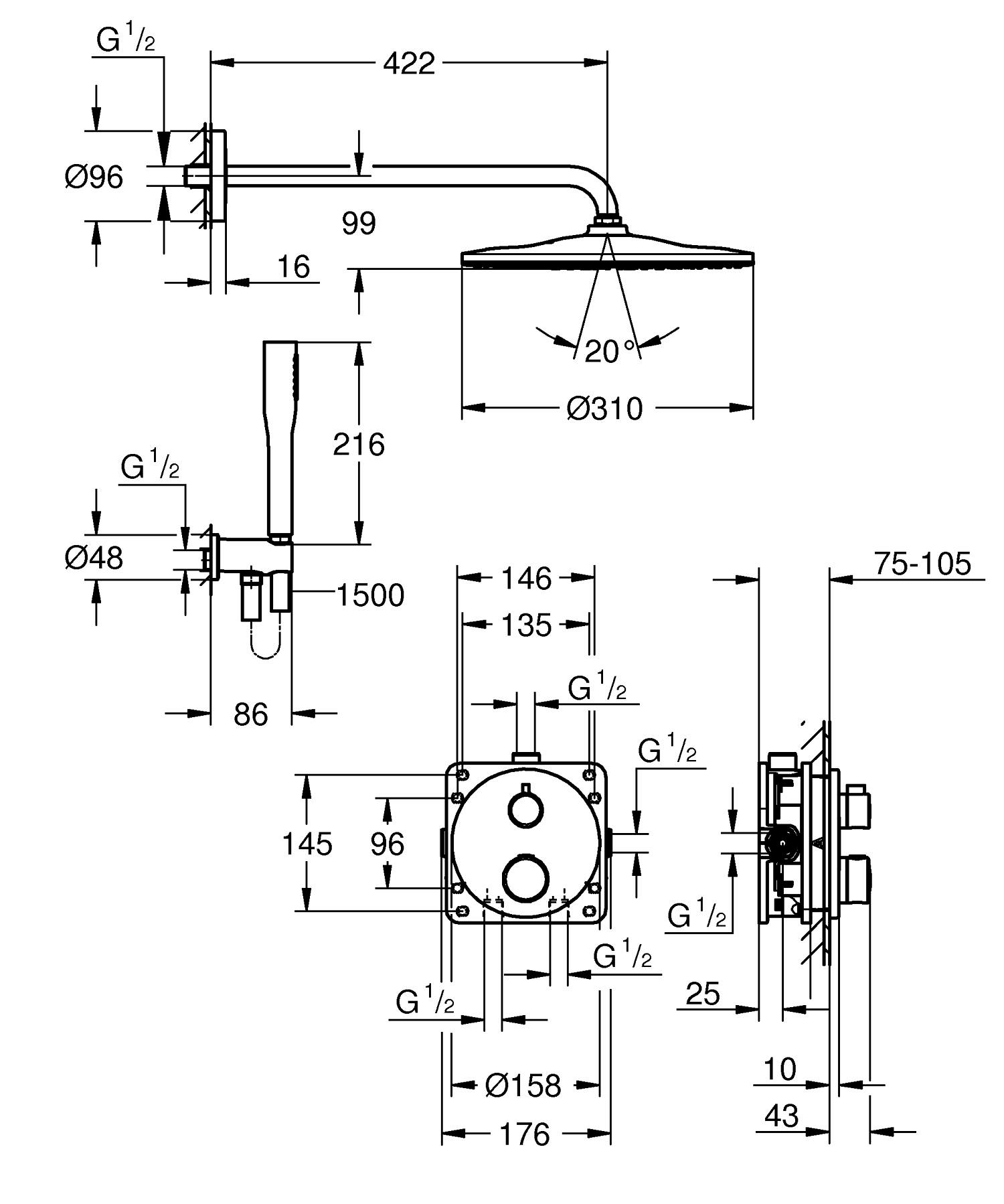 Sistem de dus Grohe 34869000, Grohtherm 310, tip incastrare incastrat, pentru un dus confortabil zilnic, crom [3]