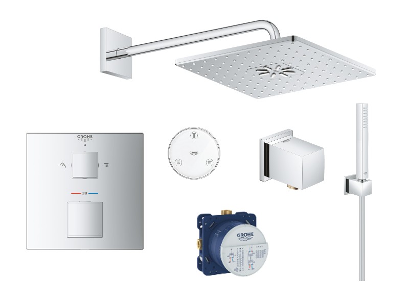 Grohe Sistem de dus grohe grohtherm cube 24154000, 1/2'', incastrat, termostat, 310 mm, 3 pulverizari, telecomanda wireless, crom