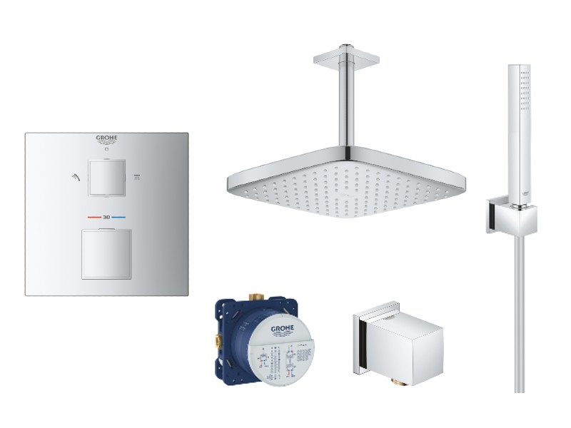 Grohe Sistem de dus grohe grohtherm cube 24154000, 1/2'', incastrat, termostat, 250 mm, montare pe tavan, 1 pulverizare, crom