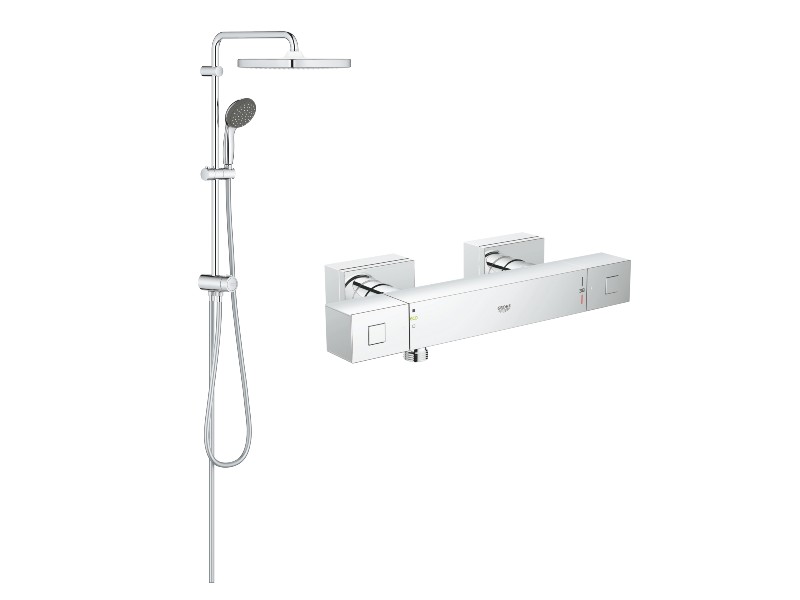 Grohe Sistem de dus grohe grohtherm cube 34488000, 1/2'', aparent, termostat, 250 mm, 2 pulverizari, anti-calcar, crom