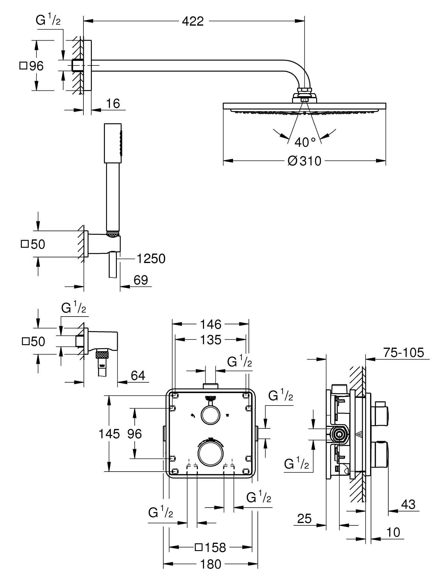 Sistem de dus Grohe 34730000, Grohtherm 310, tip incastrare incastrat, pentru un dus confortabil zilnic, crom [2]