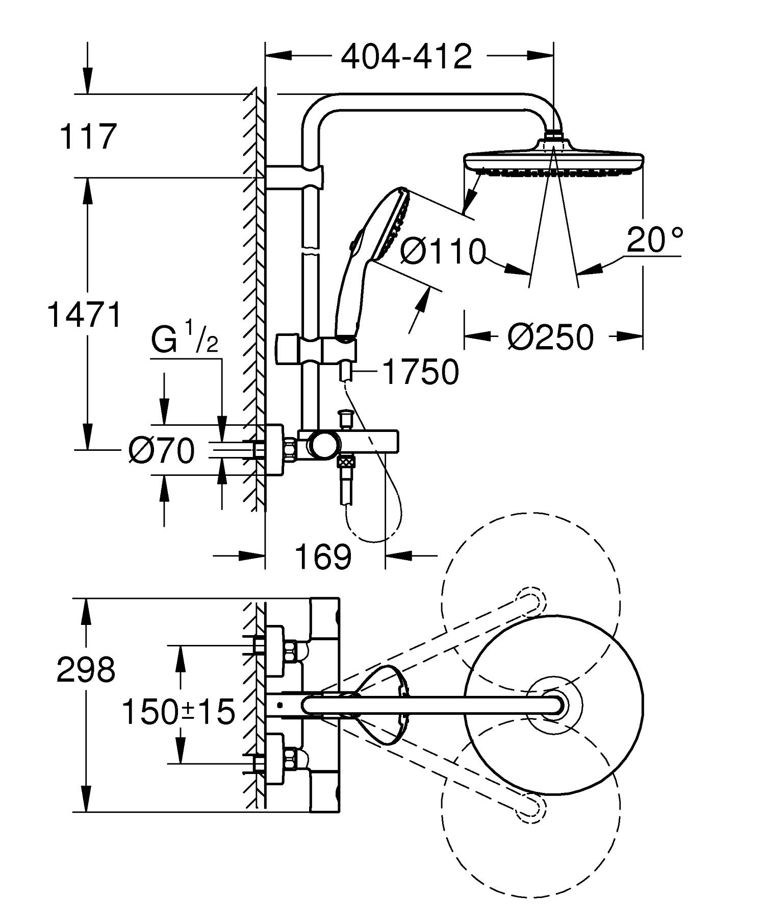Sistem de dus Grohe 26988001, Vitalio Start 250, tip incastrare aparent, pentru cada, termostat, crom [10]