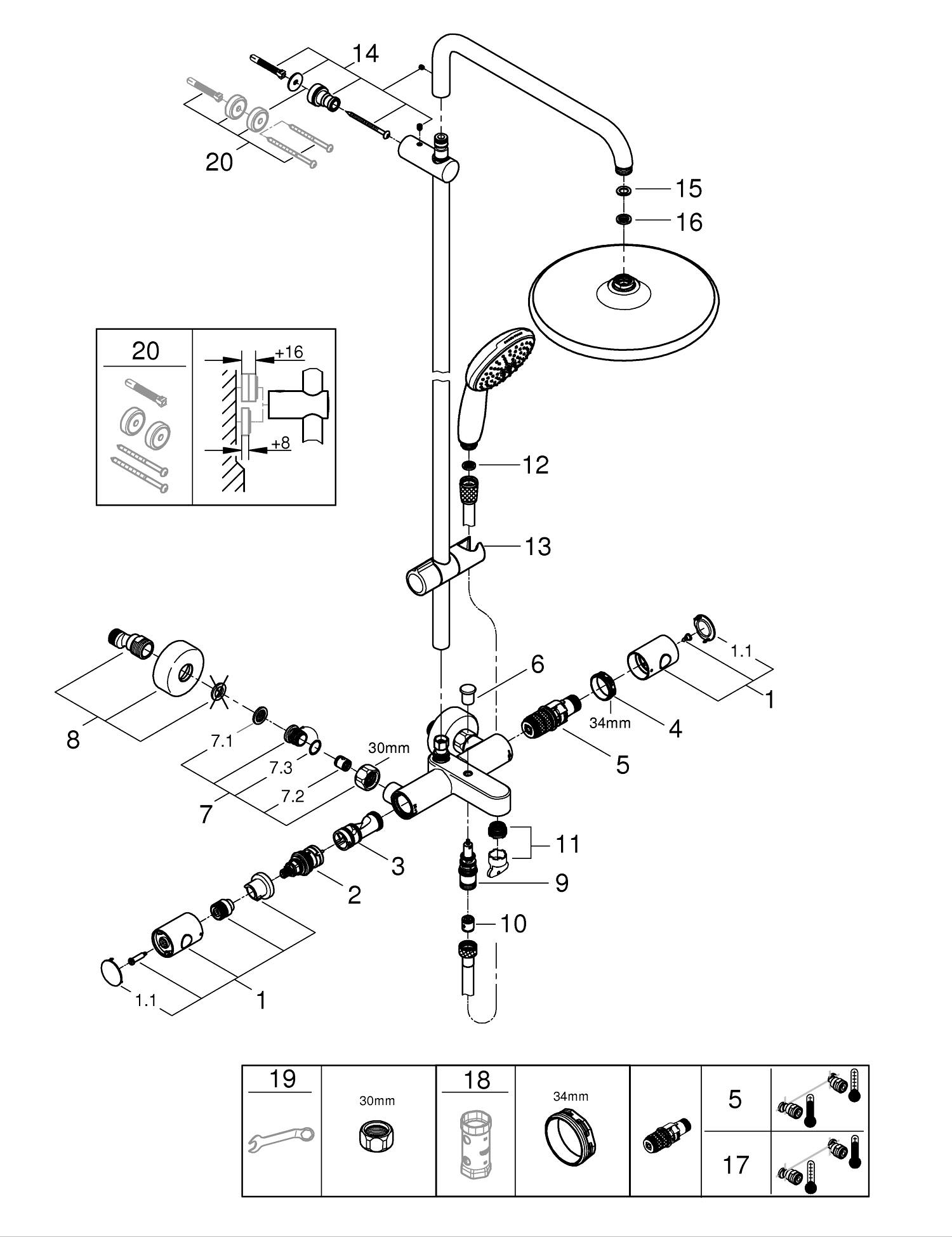 Sistem de dus Grohe 26988001, Vitalio Start 250, tip incastrare aparent, pentru cada, termostat, crom [19]