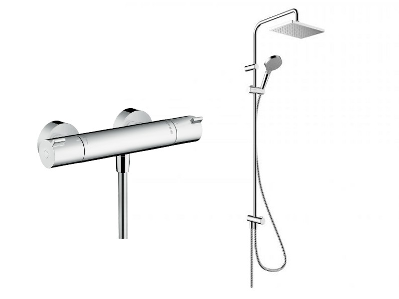 Hansgrohe Sistem de dus hansgrohe ecostat 1001 13211000, 1/2'', aparent, termostat, 230 mm, 2 pulverizari, 1.6 m, anti-calcar,