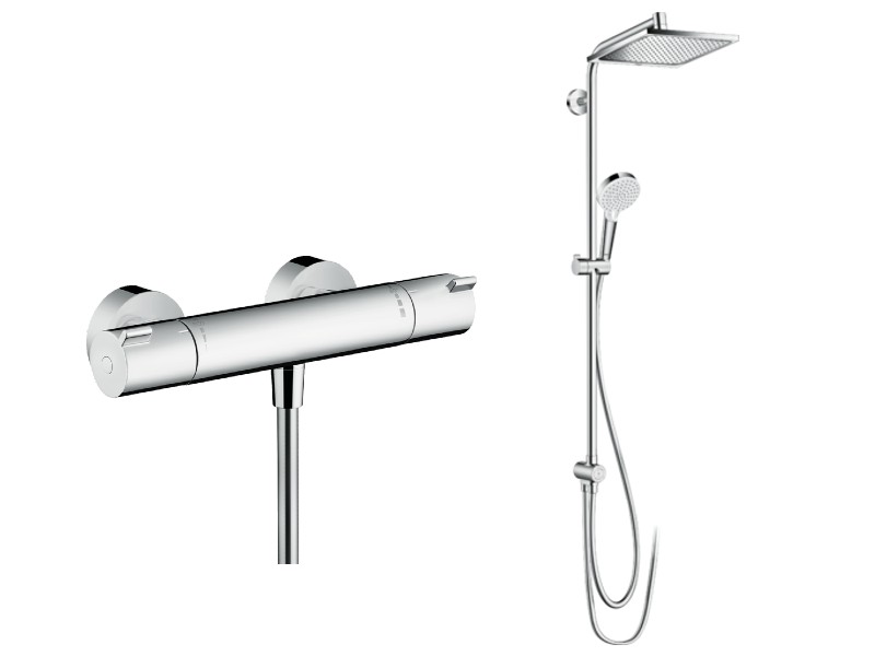 Hansgrohe Sistem de dus hansgrohe ecostat 1001 13211000, 1/2'', aparent, termostat, 240 mm, 2 pulverizari, 1.6 m, anti-calcar,