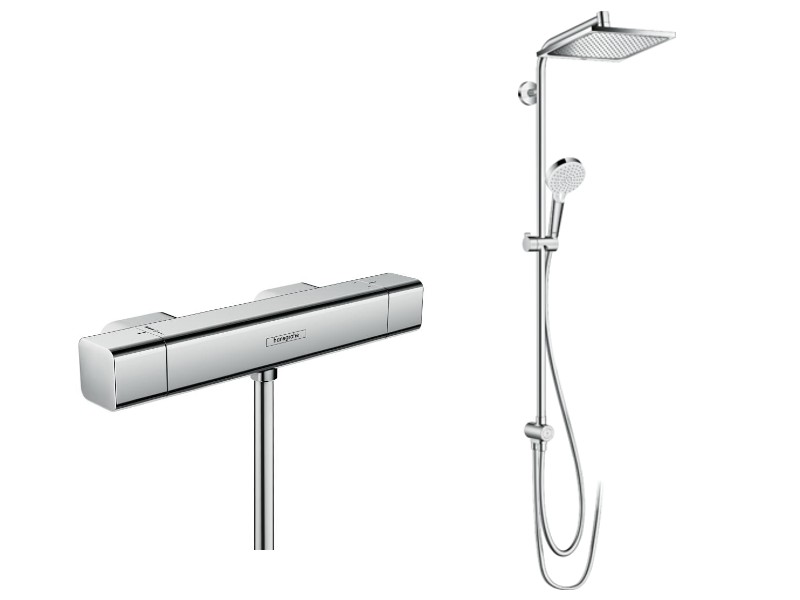 Hansgrohe Sistem de dus hansgrohe ecostat 15773000, 1/2'', aparent, termostat, 240 mm, 2 pulverizari, 1.6 m, anti-calcar, crom