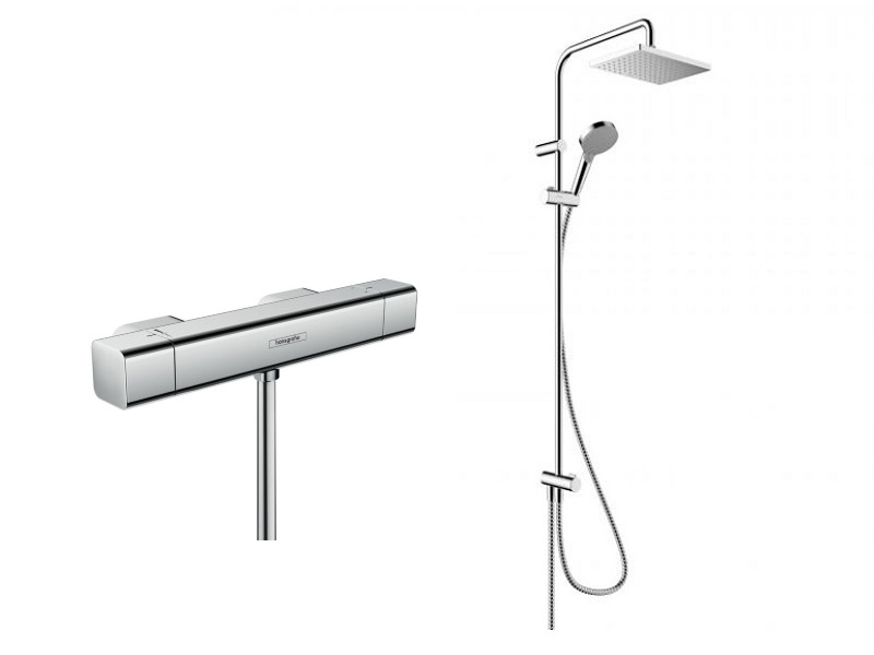 Hansgrohe Sistem de dus hansgrohe ecostat e 15773000, 1/2'', aparent, termostat, 230 mm, 2 pulverizari, 1.6 m, anti-calcar, crom