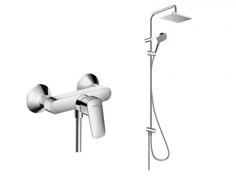 Hansgrohe Sistem de dus hansgrohe logis 71600000, 1/2'', aparent, monocomanda, 230 mm, 2 pulverizari, 1.6 m, anti-calcar, crom