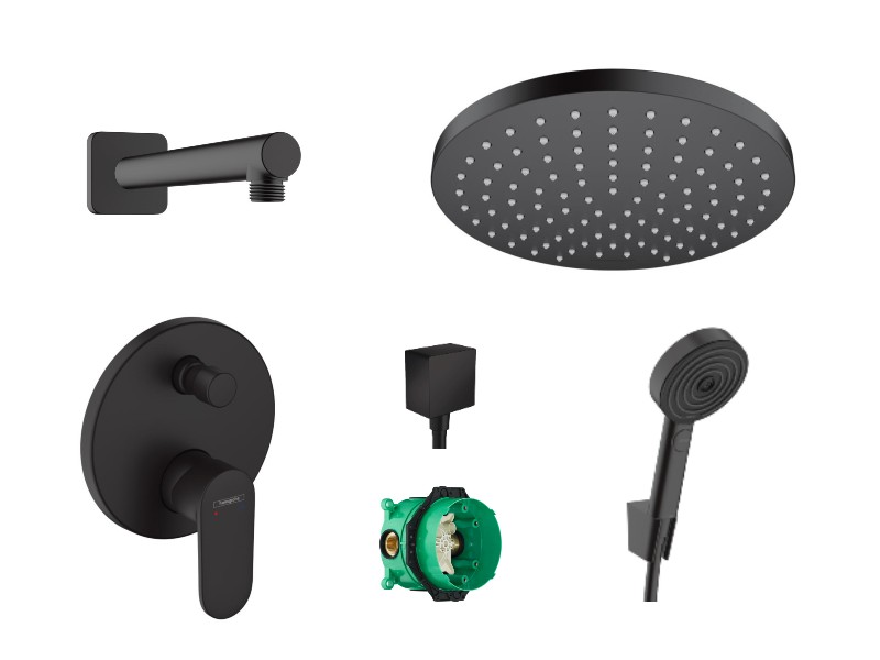 Hansgrohe Sistem de dus hansgrohe vernis blend 71466670, 1/2'', incastrat, monocomanda, 200 mm, anti-calcar, mat, negru