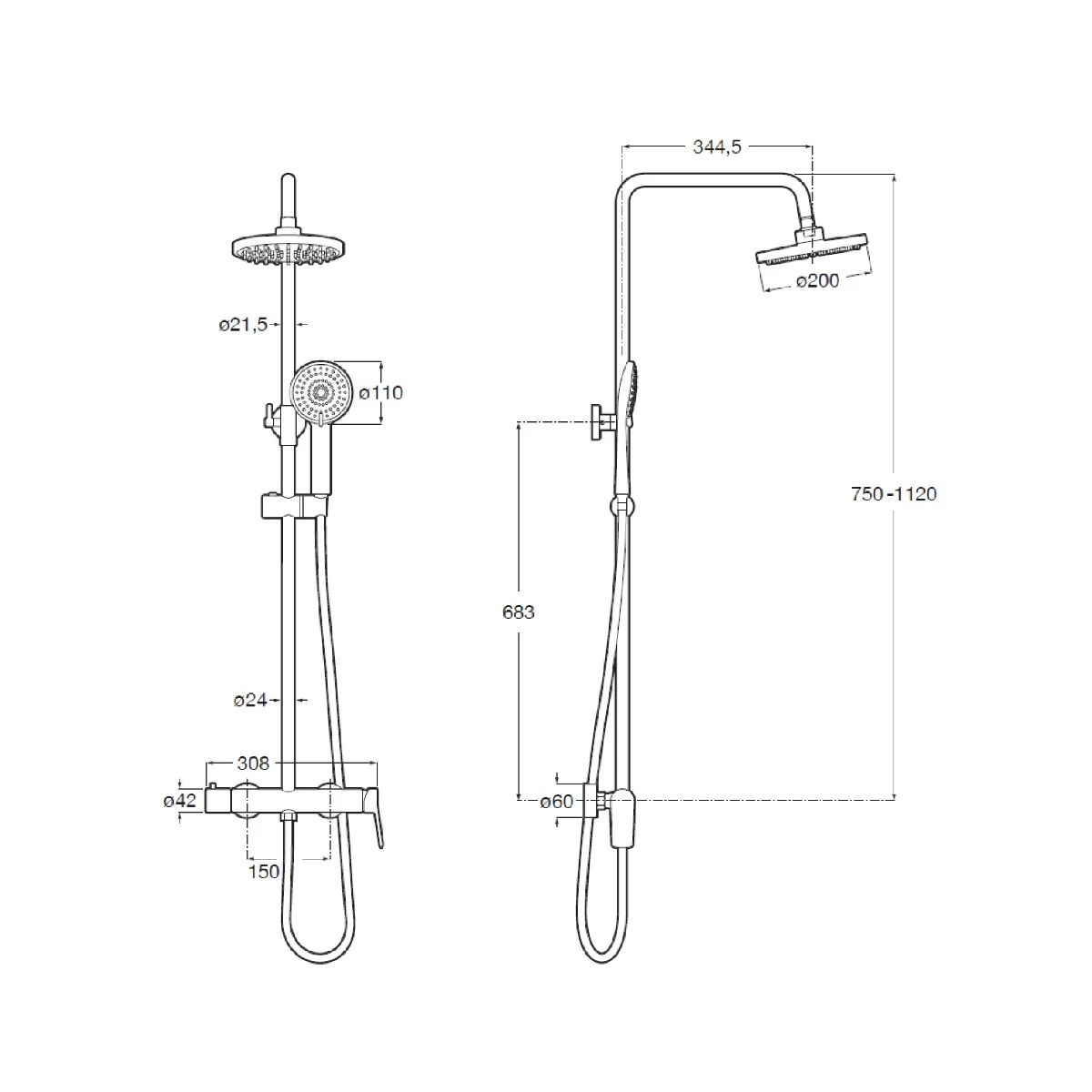 Sistem de dus Roca A5A976ENB0, 200 mm, 1 bar, 100 mm, 1.75 m, 1120 mm, 344 mm, 1 functii palarie dus, Negru