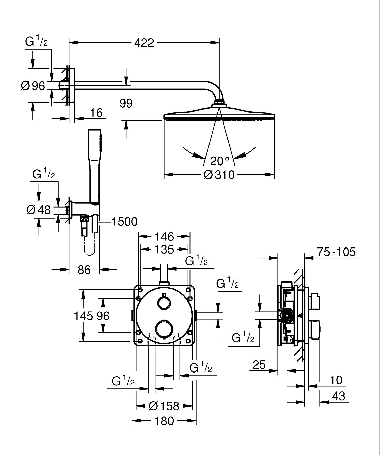 Sistem de dus Grohe 348802430, dus Rainshower, tip incastrare incastrat, pentru dus, termostat, negru [9]