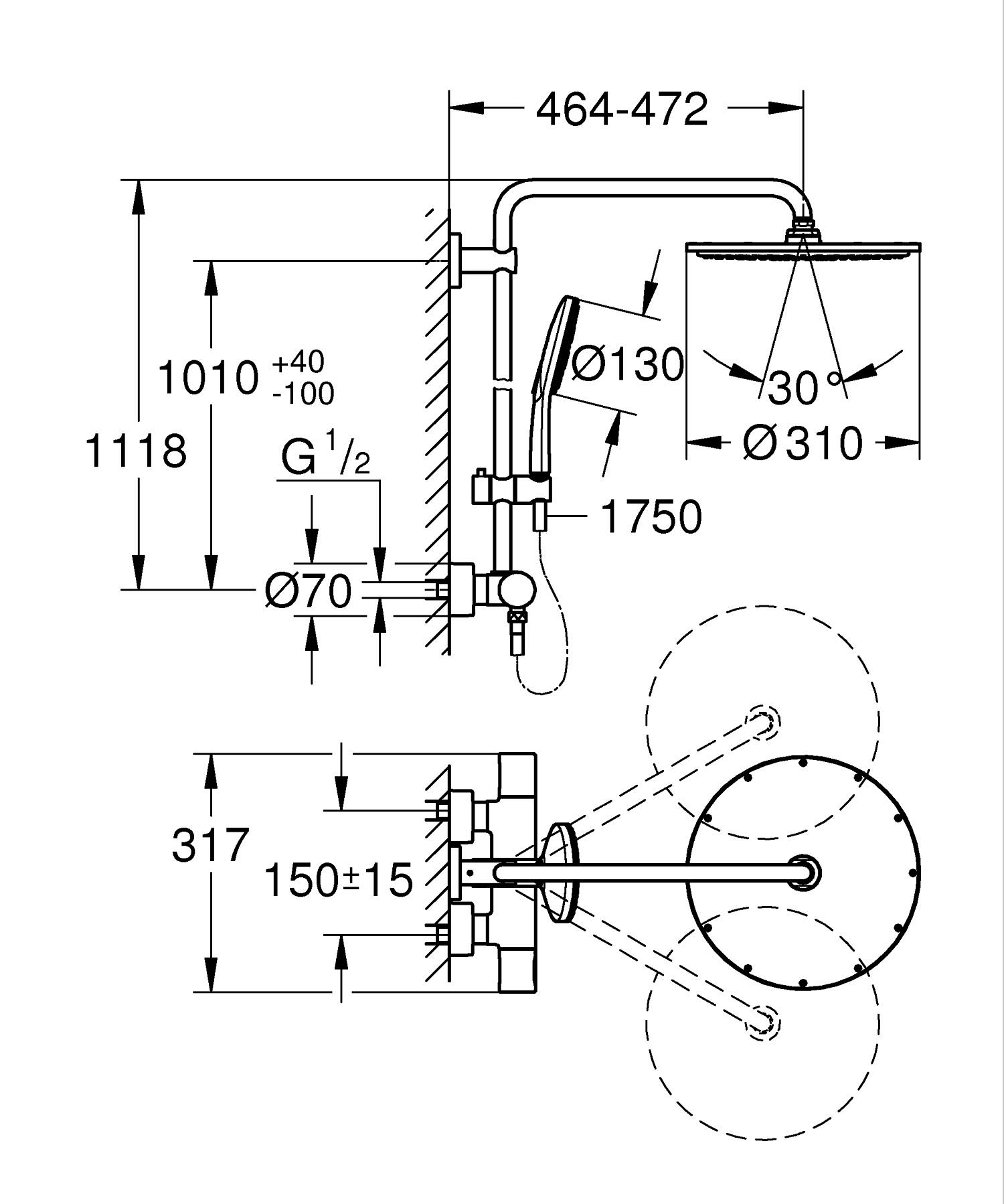 Sistem dus Grohe 27968001, 310 mm, 1 bar, 130 mm, 1.75 m, 1118 mm, 472 mm, 1 functii palarie dus, Crom