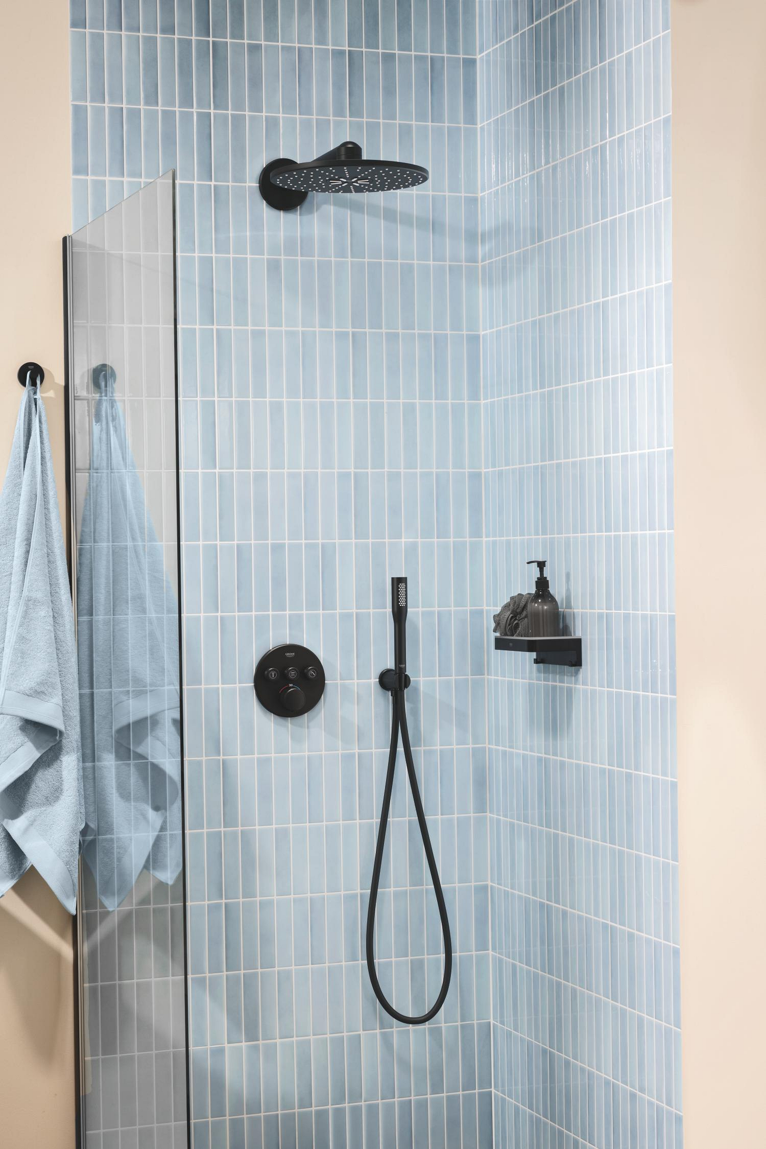 Sistem dus Grohe 348742430, 310 mm, 1.2 bar, 30 mm, 1.5 m, 430 mm, 2 functii palarie dus, 1 functii para dus, Negru