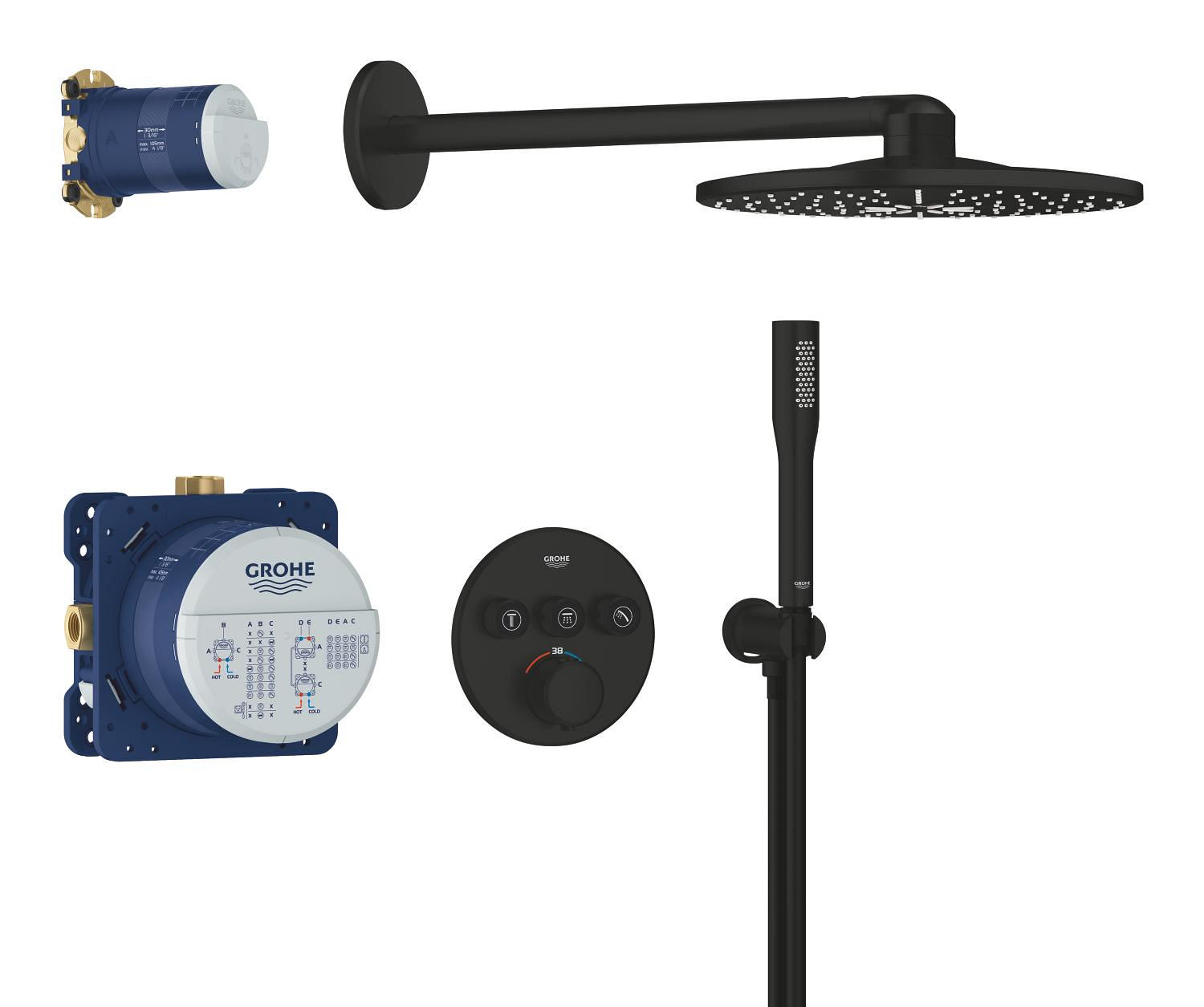 Sistem dus Grohe 348742430, 310 mm, 1.2 bar, 30 mm, 1.5 m, 430 mm, 2 functii palarie dus, 1 functii para dus, Negru
