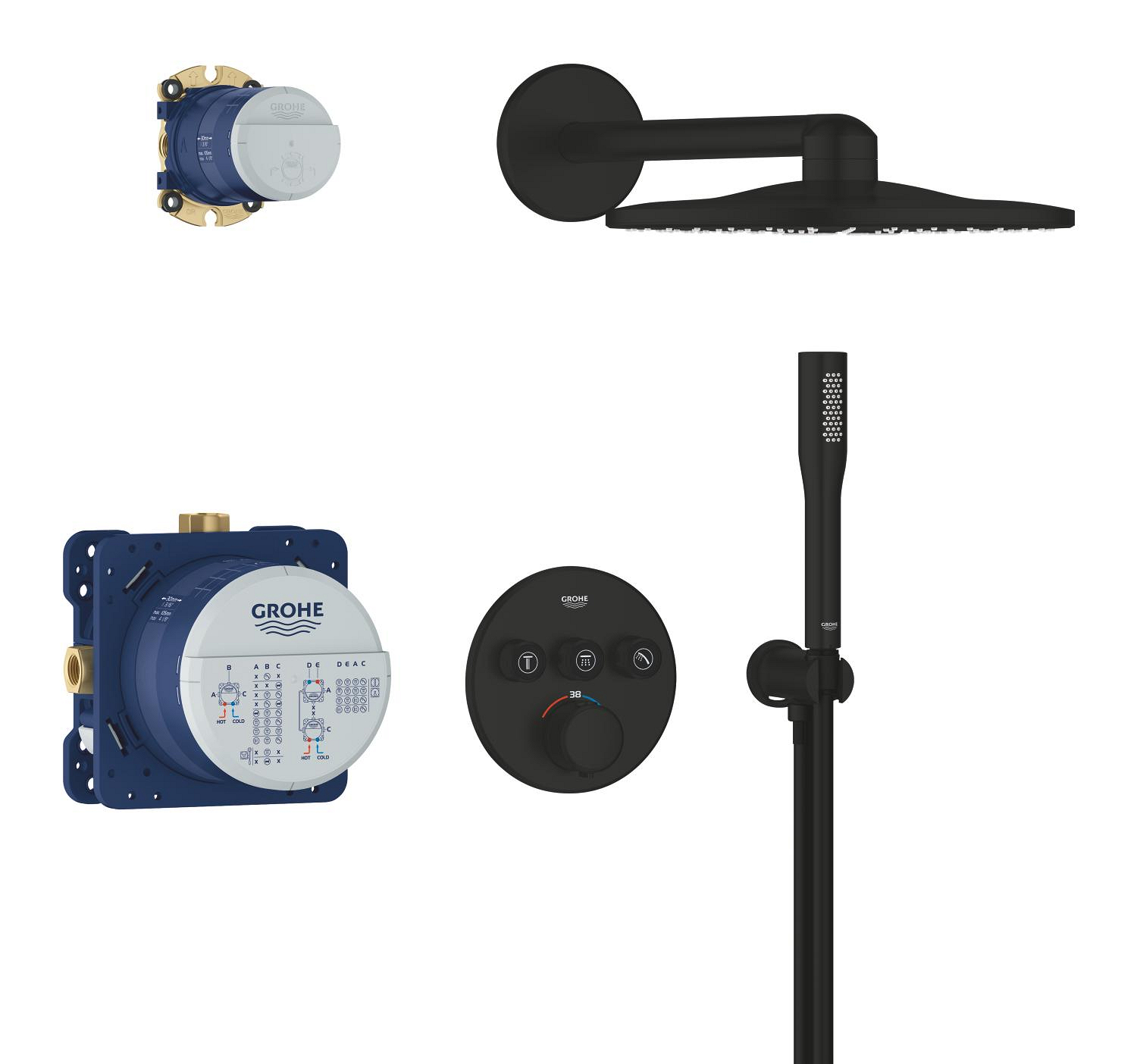 Sistem dus Grohe 348742430, 310 mm, 1.2 bar, 30 mm, 1.5 m, 430 mm, 2 functii palarie dus, 1 functii para dus, Negru