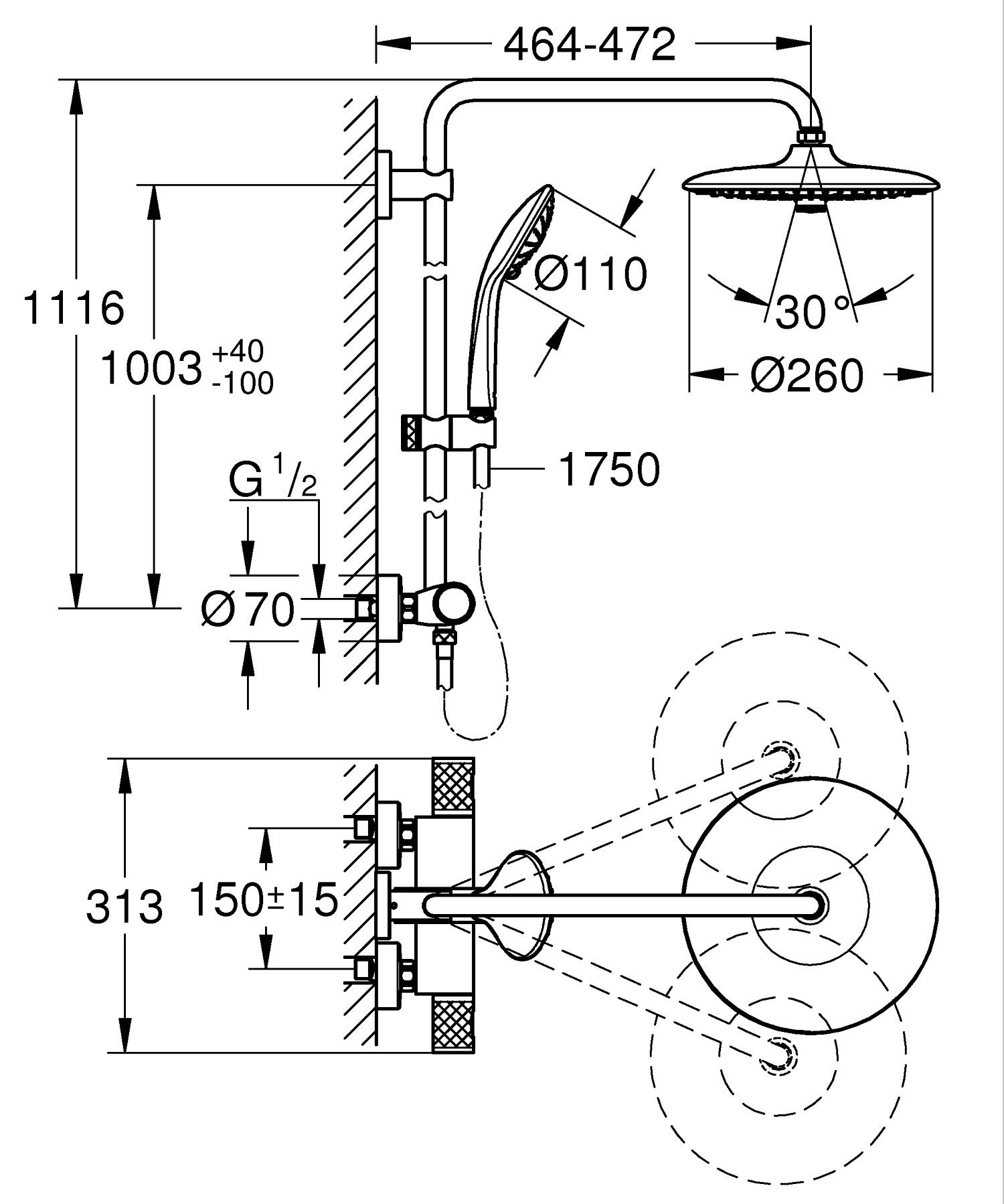 Sistem de dus Grohe 264032432, dus Vitalio Joy, tip incastrare aparent, pentru dus, termostat, negru [10]