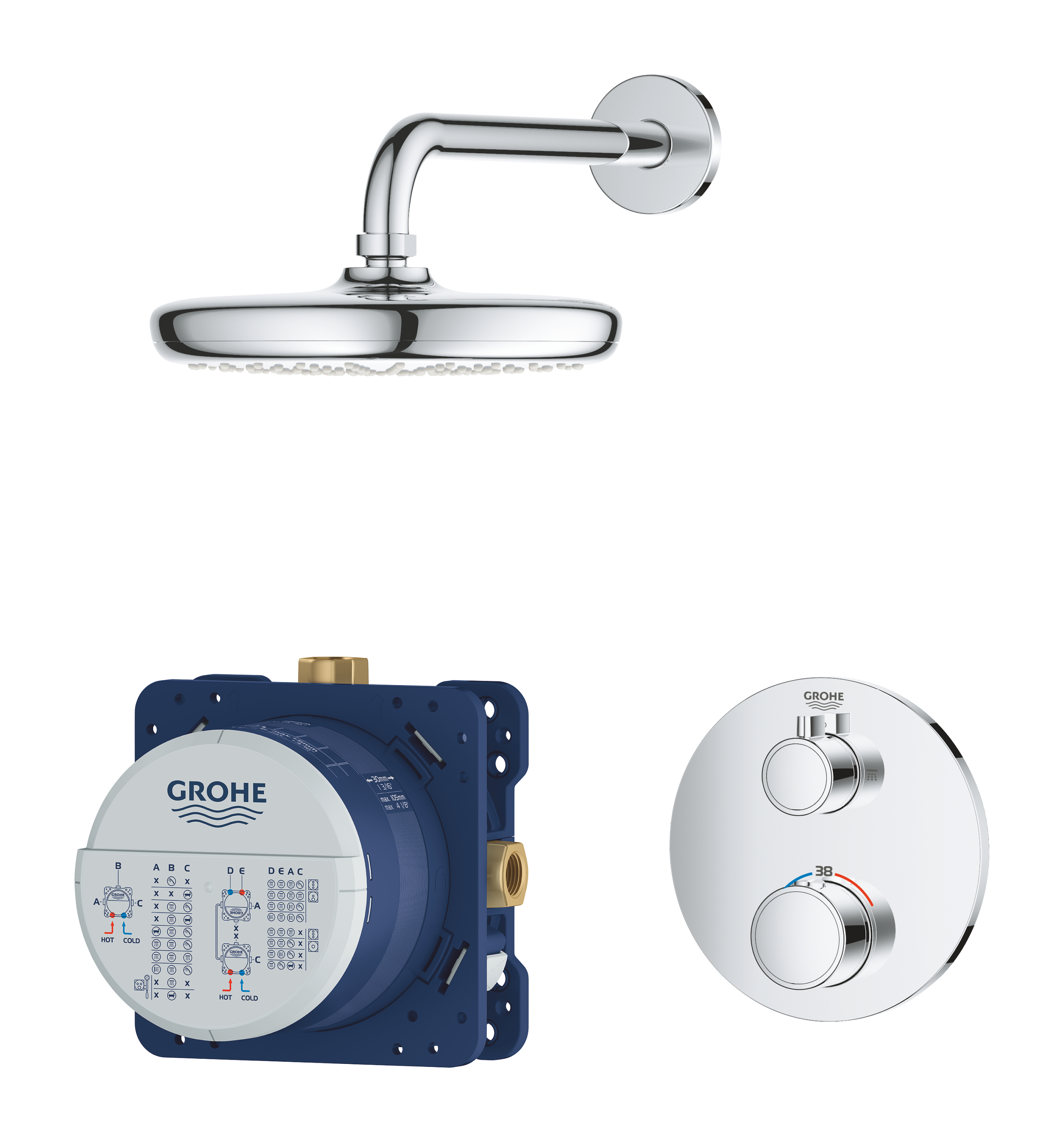 Grohe Sistem de dus grohe grohtherm 210 34726000, 1/2'', incastrat, termostat, 210 mm, anti-oparire, rotund, crom