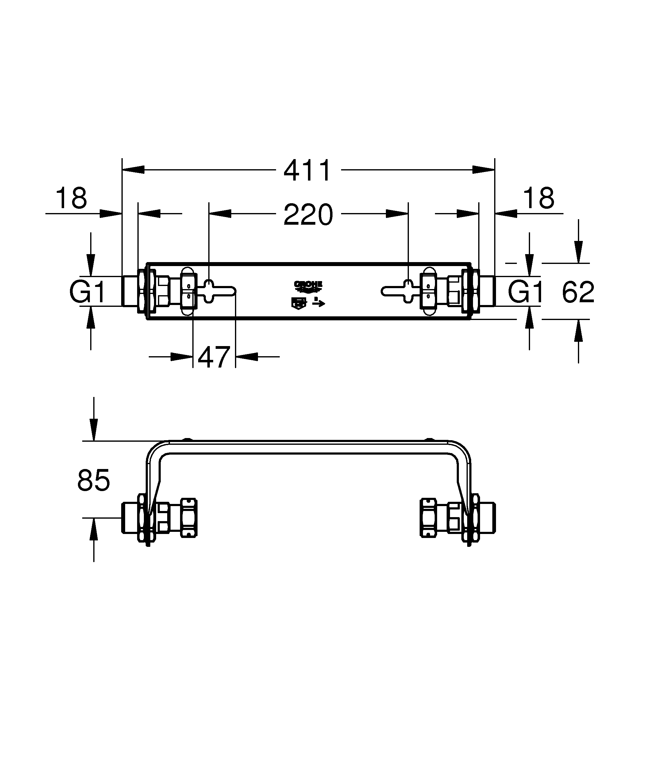 Suport montare Grohe 22501000, 411 mm, 62 mm, 85 mm, pe perete, sense guard produs compatibil, Cupru