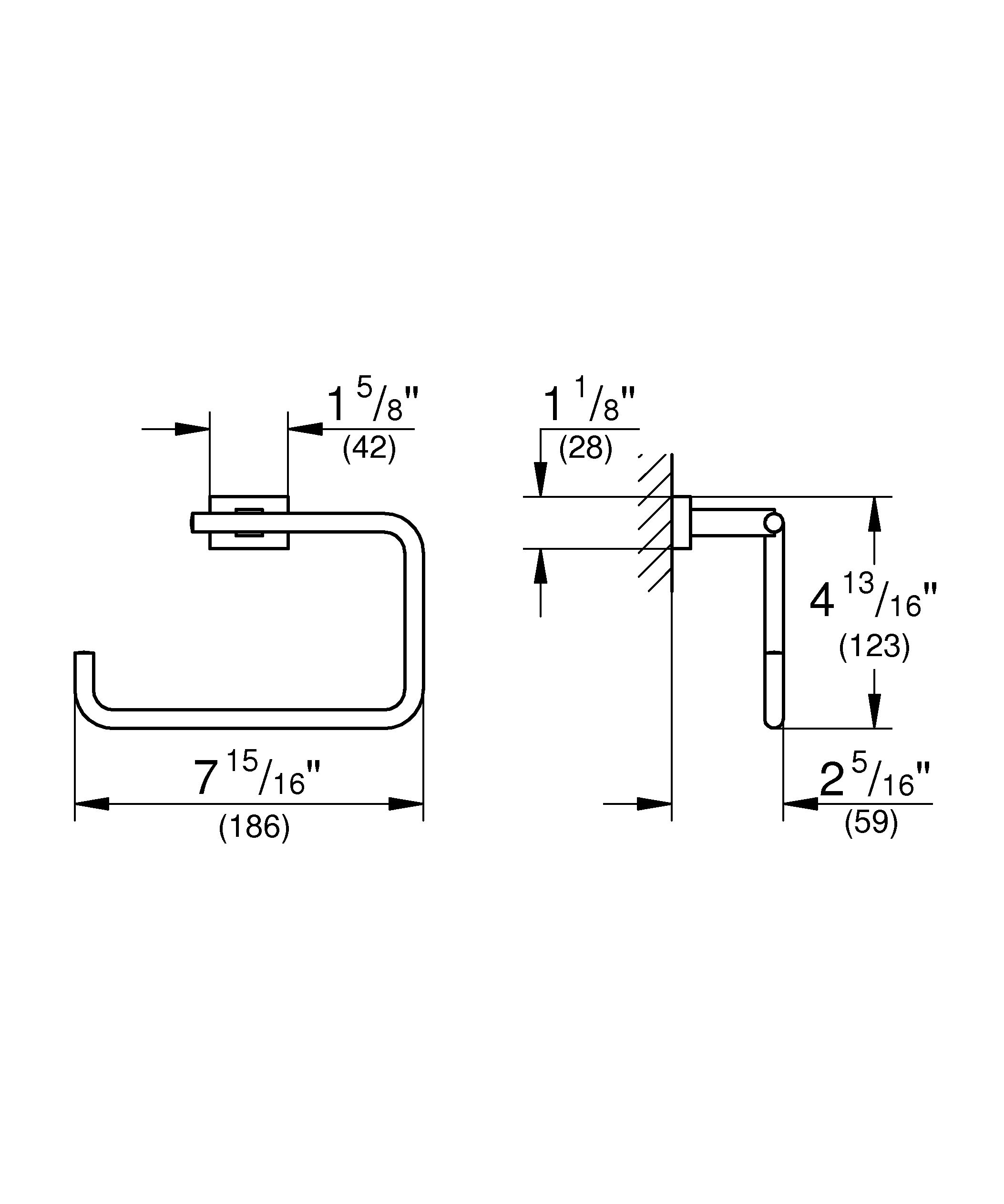 Inel prosop Grohe 40510001, 186 mm, 59 mm, 1 rafturi, 2 orificii instalare, 1 cuie, pivotanta, pe perete, Crom