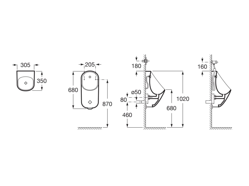 Urinal Roca A3590J3000, 305 mm, 680 mm, 350 mm, pe perete, spate, orizontala, interior zona montaj, Alb