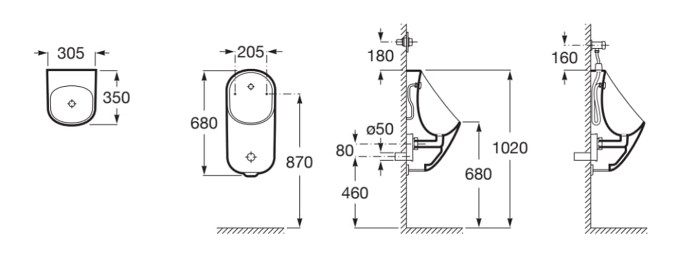 Pisoar Roca A3590J2000, Urinal Proton, montaj pe perete, tip alimentare superioara, tip evacuare orizontala, alb [1]