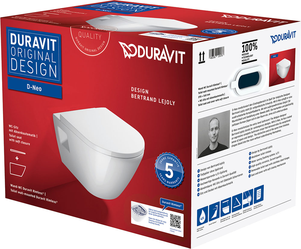 Set vas WC Duravit 45780900A1, D-Neo, montaj suspendat, tip clatire jet de apa, tip evacuare orizontala, alb [21]