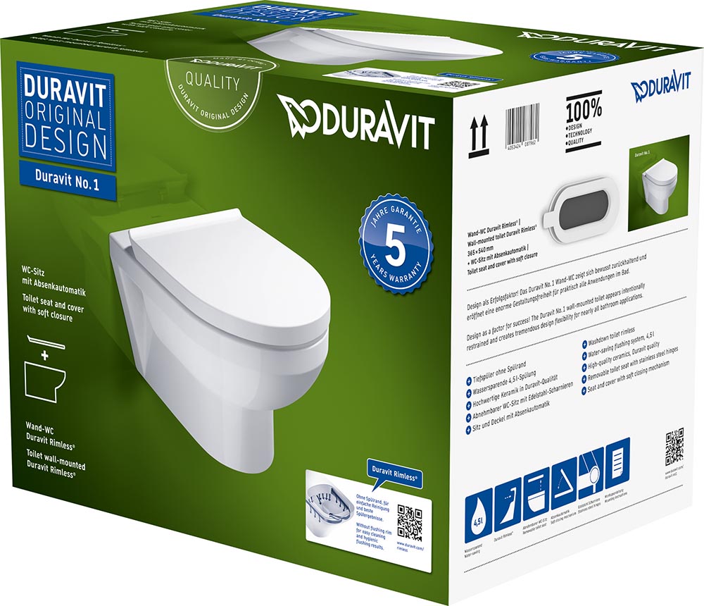 Set vas WC Duravit 45750900A1, No 1, montaj suspendat, tip clatire jet de apa, tip evacuare orizontala, alb [15]