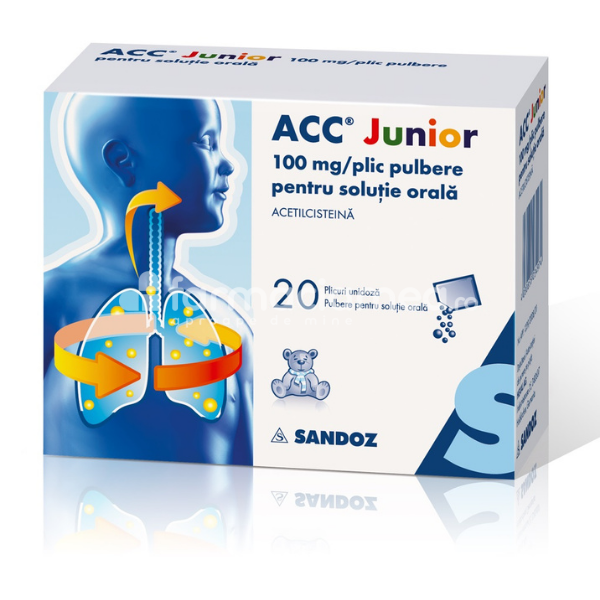 Tuse ambele forme OTC - ACC Junior 100 mg/plic pulbere pentru solutie orala, contine acetilcisteina, indicat in tuse productiva copii, de la 2 ani, 20 plicuri, Sandoz, farmaciamea.ro