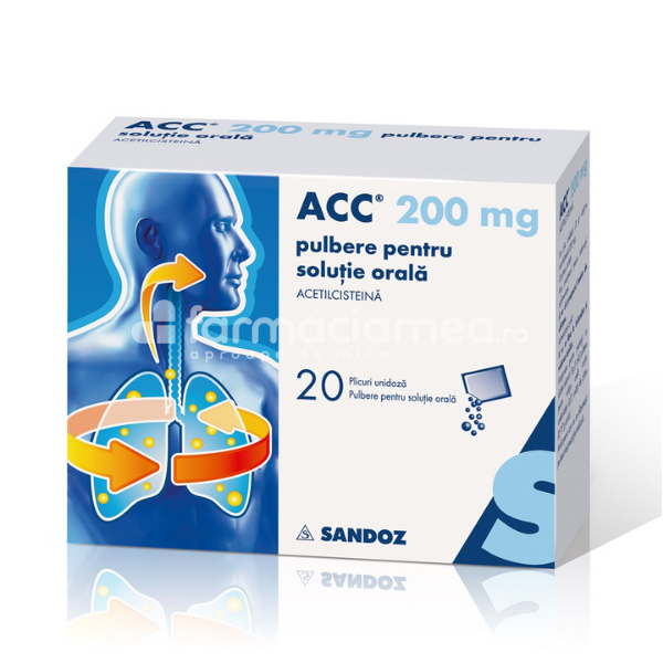 Tuse ambele forme OTC - ACC 200 mg/plic pulbere pentru solutie orala, contine acetilcisteina, indicat in tuse productiva, de la 2 ani, 20 plicuri, Sandoz, farmaciamea.ro