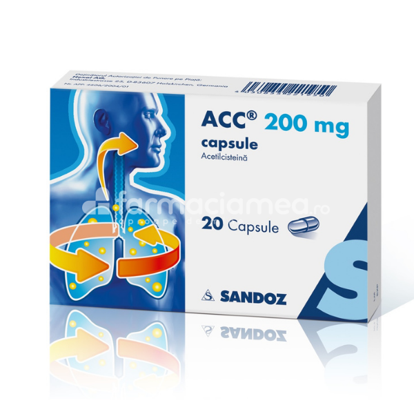 Tuse ambele forme OTC - Acc 200 mg, contine acetilcisteina, indicat in tuse productiva, de la 6 ani, 20 capsule, Sandoz, farmaciamea.ro
